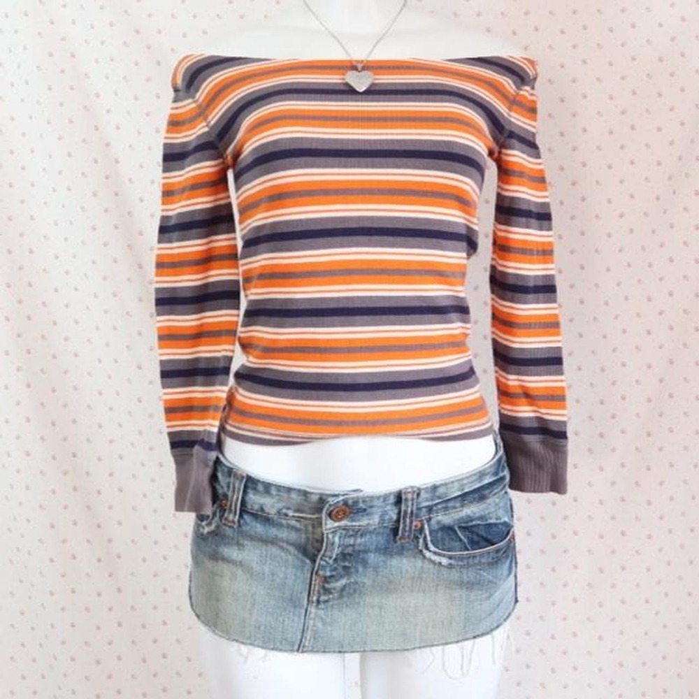 y2k orange navy striped off shoulder top